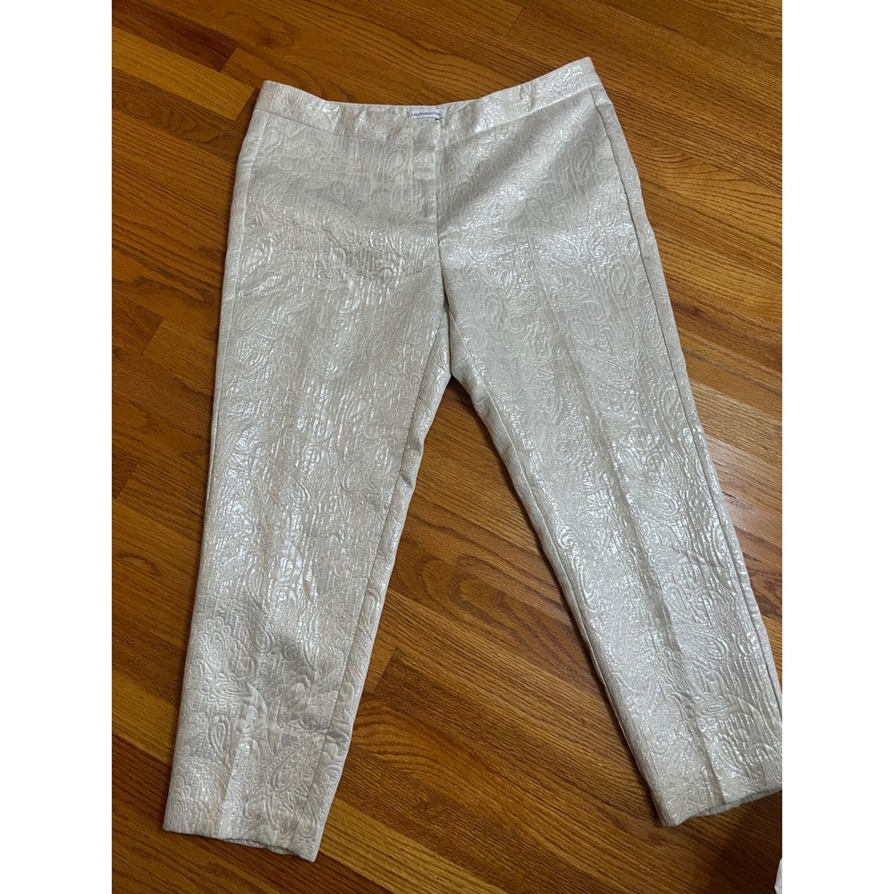 Liz Claiborne Emma Metallic Paisley Jacquard Ankle Pants Ivory Silver 14